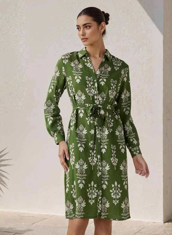 Splash FAV Knee Length Shirt Belted Dress with Floral Print