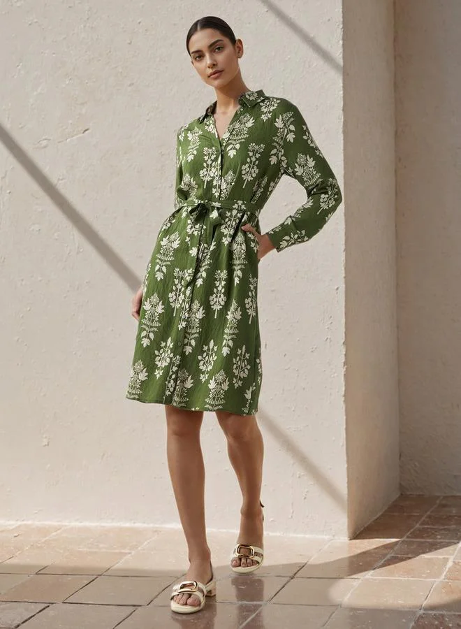 Splash FAV Knee Length Shirt Belted Dress with Floral Print