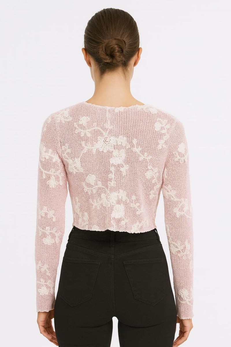 ICW Women Long-Sleeves Boat Neck Transparent Mesh Sheer Floral Embroidery Crop Top T-Shirt DN648 (in, Alpha, S, Regular, Pink) - Image 2