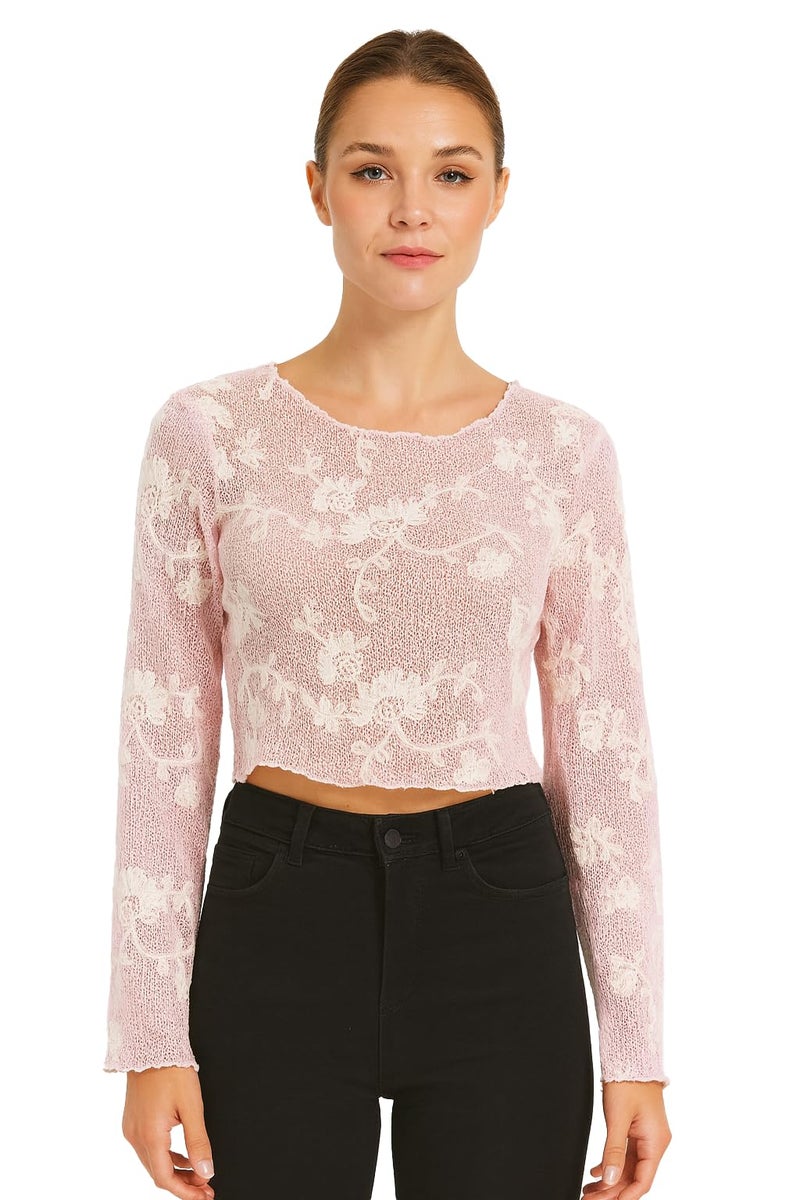 ICW Women Long-Sleeves Boat Neck Transparent Mesh Sheer Floral Embroidery Crop Top T-Shirt DN648 (in, Alpha, S, Regular, Pink) - Image 1