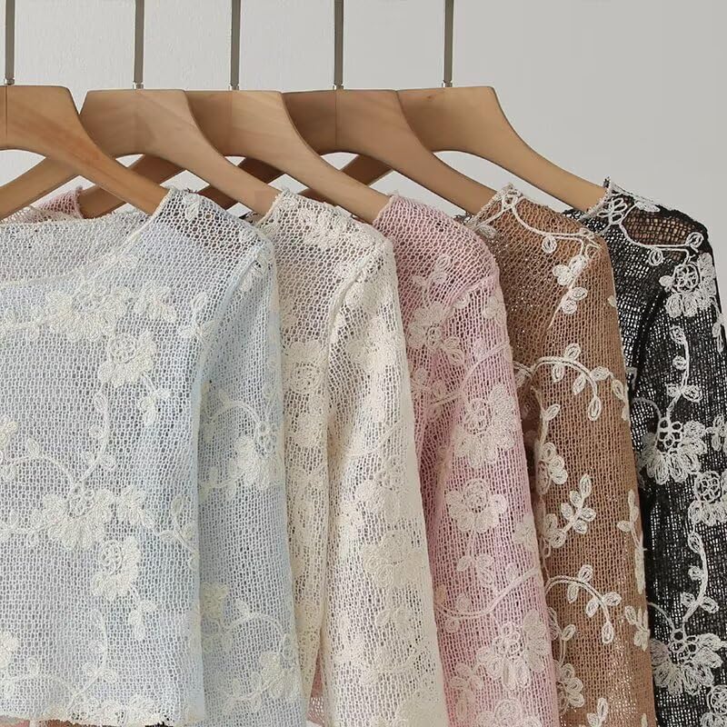 ICW Women Long-Sleeves Boat Neck Transparent Mesh Sheer Floral Embroidery Crop Top T-Shirt DN648 (in, Alpha, S, Regular, Pink) - Image 3