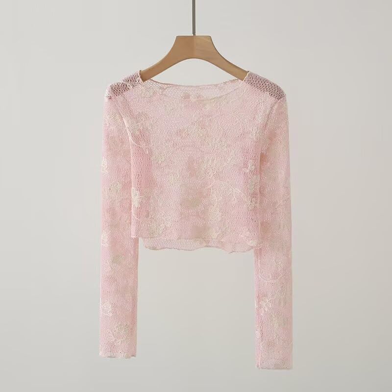 ICW Women Long-Sleeves Boat Neck Transparent Mesh Sheer Floral Embroidery Crop Top T-Shirt DN648 (in, Alpha, S, Regular, Pink) - Image 4