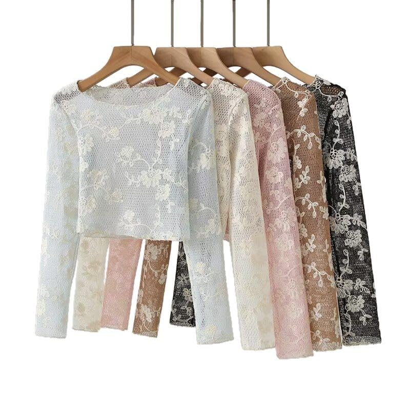 ICW Women Long-Sleeves Boat Neck Transparent Mesh Sheer Floral Embroidery Crop Top T-Shirt DN648 (in, Alpha, S, Regular, Pink) - Image 5