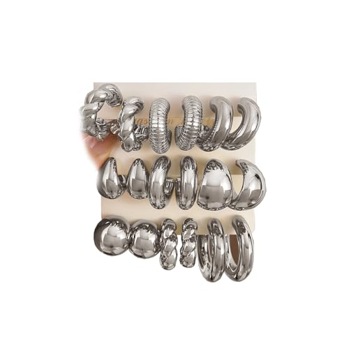IFKM 9 Pairs Silver Hoop Earrings Set For Women Hypoallergenic Chunky Chain Twisted Open Hoops Dangle Earring Packs For Birthday Party Christmas Fashion Jewelry Gift - Image 1