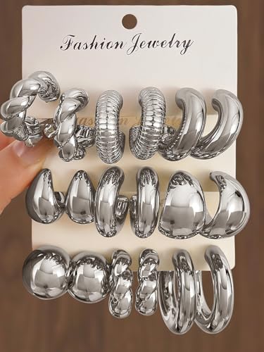 IFKM 9 Pairs Silver Hoop Earrings Set For Women Hypoallergenic Chunky Chain Twisted Open Hoops Dangle Earring Packs For Birthday Party Christmas Fashion Jewelry Gift - Image 3