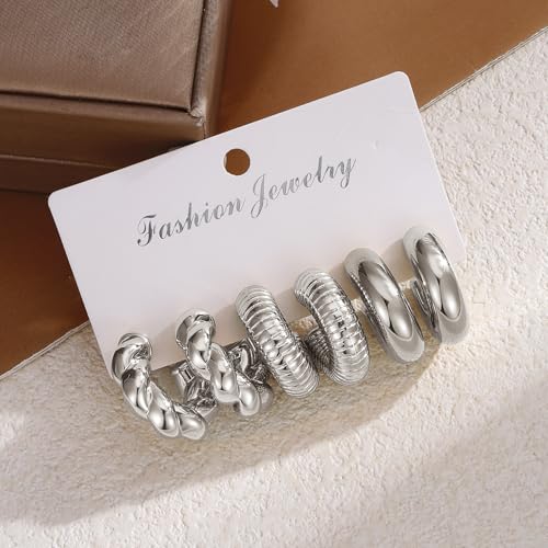 IFKM 9 Pairs Silver Hoop Earrings Set For Women Hypoallergenic Chunky Chain Twisted Open Hoops Dangle Earring Packs For Birthday Party Christmas Fashion Jewelry Gift - Image 5