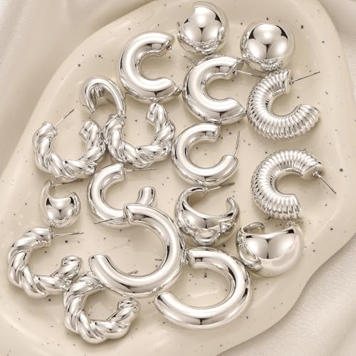 IFKM 9 Pairs Silver Hoop Earrings Set For Women Hypoallergenic Chunky Chain Twisted Open Hoops Dangle Earring Packs For Birthday Party Christmas Fashion Jewelry Gift - Image 2