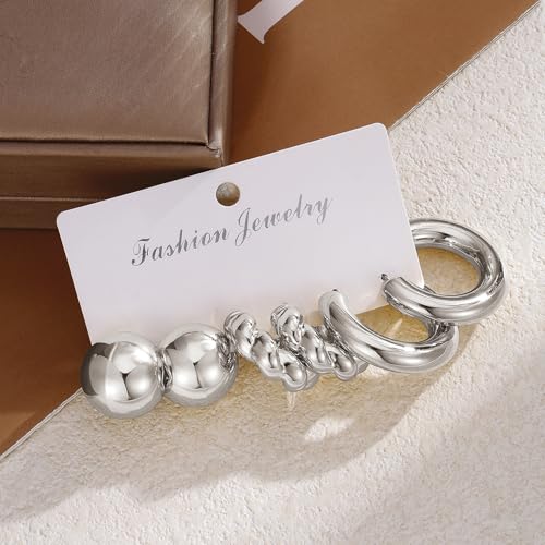 IFKM 9 Pairs Silver Hoop Earrings Set For Women Hypoallergenic Chunky Chain Twisted Open Hoops Dangle Earring Packs For Birthday Party Christmas Fashion Jewelry Gift - Image 4