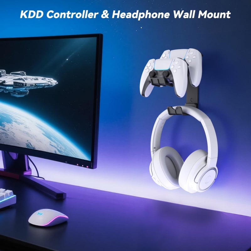 KDD Dual Controller & Headset Wall Mount - Wall Mount Gamer Headset Holder with Screw/Adhesive, Controller Holder for Xbox Series X/S, PS5/4/3, Switch, Steam, Universal Gaming Accessories - Image 2