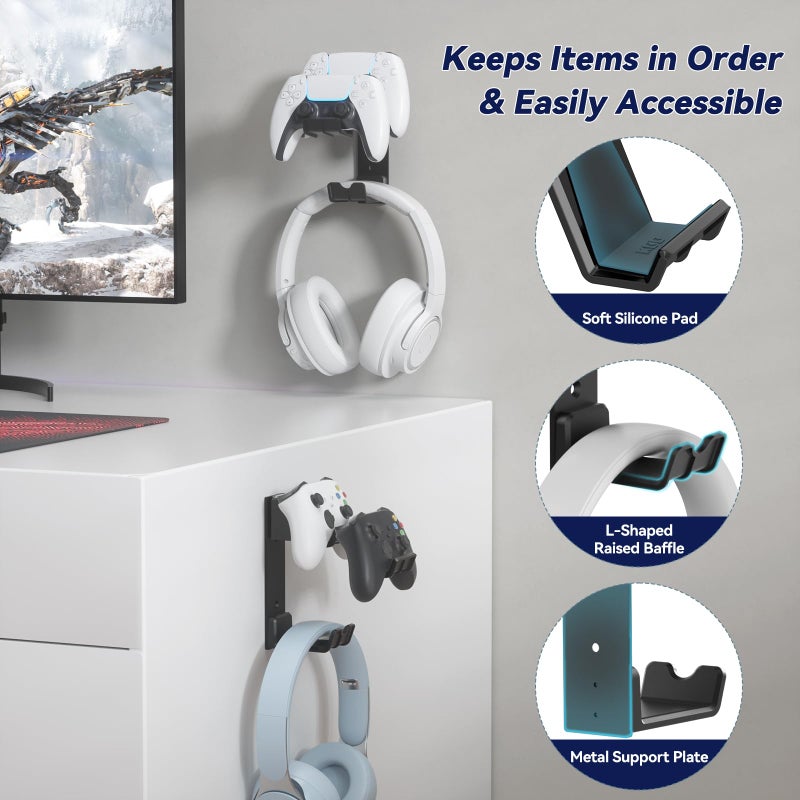 KDD Dual Controller & Headset Wall Mount - Wall Mount Gamer Headset Holder with Screw/Adhesive, Controller Holder for Xbox Series X/S, PS5/4/3, Switch, Steam, Universal Gaming Accessories - Image 4