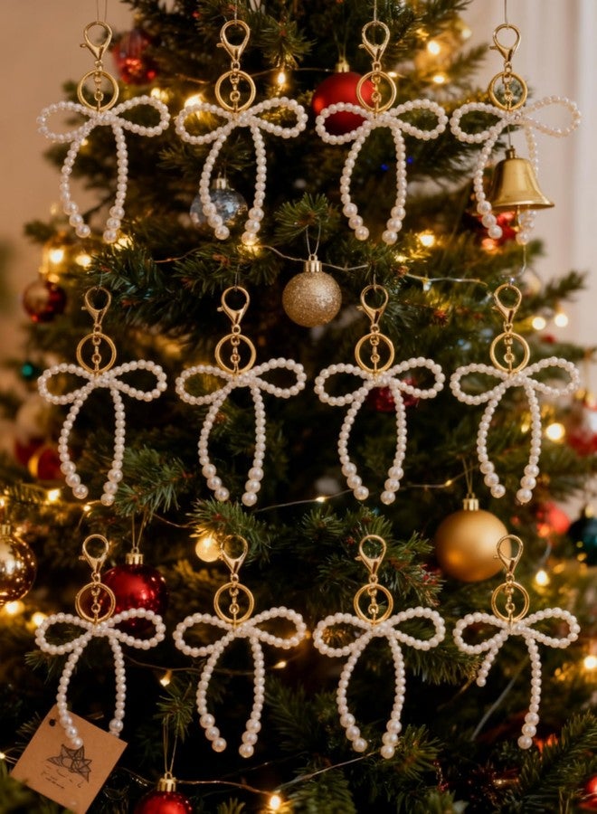 Ecation 20 Set White Pearl Bow Keychain Xmas Tree Ornament Bowknot Party Favor Kraft Tag Organza Bag for Thanksgiving Guest Bridal Shower Wedding - Image 1