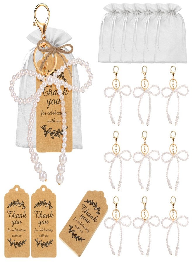 Ecation 20 Set White Pearl Bow Keychain Xmas Tree Ornament Bowknot Party Favor Kraft Tag Organza Bag for Thanksgiving Guest Bridal Shower Wedding - Image 2