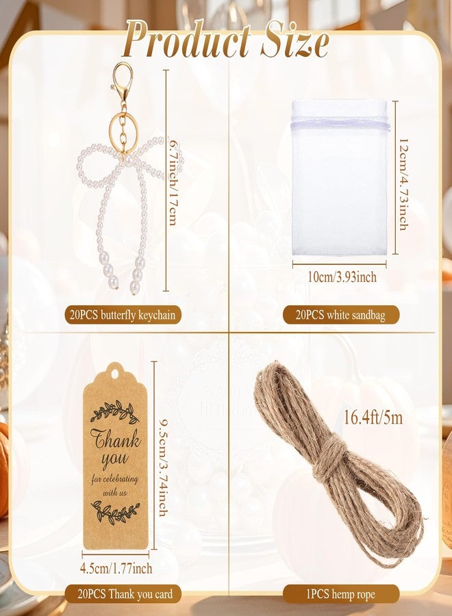 Ecation 20 Set White Pearl Bow Keychain Xmas Tree Ornament Bowknot Party Favor Kraft Tag Organza Bag for Thanksgiving Guest Bridal Shower Wedding - Image 3