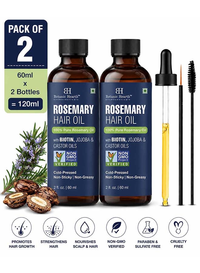 100% Pure Rosemary Hair Oil Pack of 2 - 60ml Each | Infused with Biotin, Jojoba & Castor Oil | Hair Strengthening & Scalp Care | Total 120ml