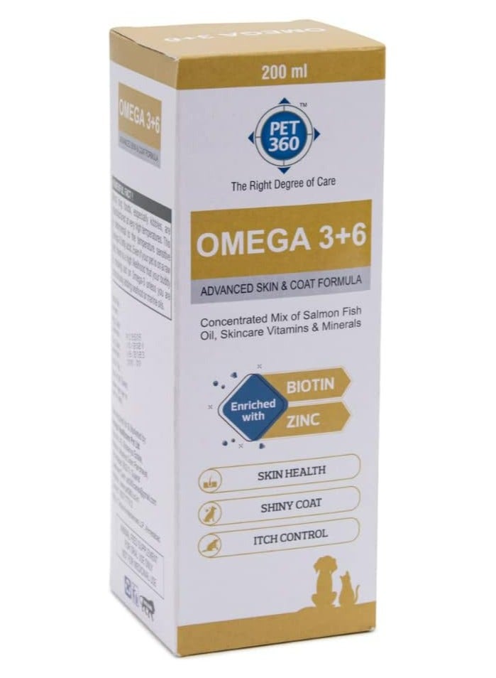 PET360 Omega 3+6 Concentrated Salmon Fish Oil with Vitamins, Minerals & Taurine, Advanced Skin & Coat Formula for Dogs & Cats 200 ml - Image 1