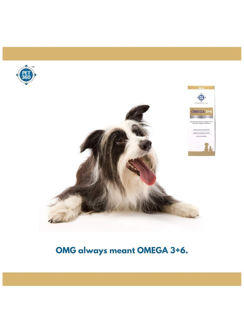 PET360 Omega 3+6 Concentrated Salmon Fish Oil with Vitamins, Minerals & Taurine, Advanced Skin & Coat Formula for Dogs & Cats 200 ml - Image 2