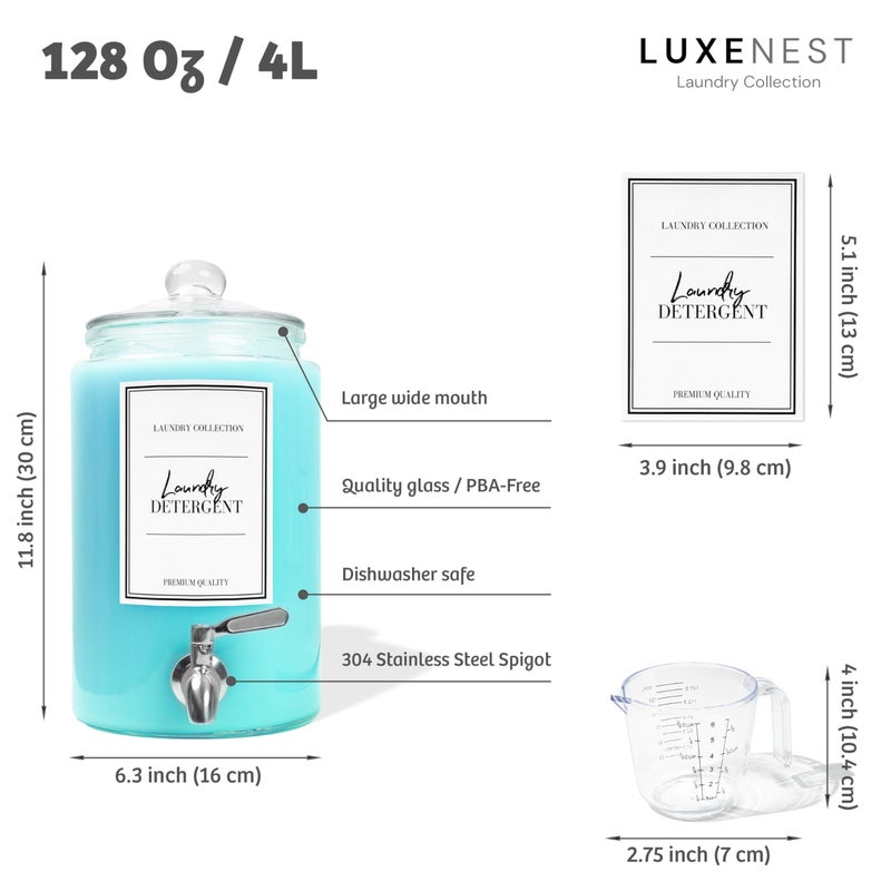 Large 1 Gallon Laundry Liquid Detergent Dispenser with Spigots and Measuring Cups, 4L Laundry Soap Holder Organizer for Fabric Softener, Soap, Glass Containers for Room Organization Storage (1 Pack) - Image 2