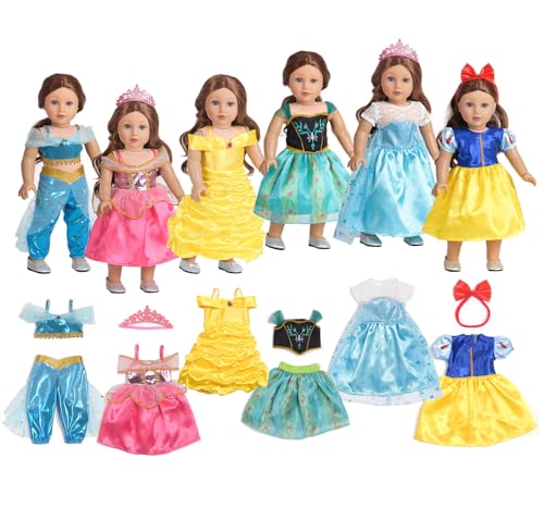 Sweet Dolly 18 Inch Doll Clothes 6 Sets Princess Dresses Accessories Costume Jasmine Aurora Belle Snow White for 18 Inch Dolls - Image 1