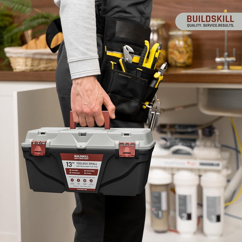 BUILDSKILL صندوق أدوات صغير 13" للمنزل | أغطية علوية مريحة وصينية أدوات قابلة للإزالة | قفل لاتش آمن | ثقب مفتاح | هيكل مقاوم للصدمات وقوي | صندوق أدوات مثالي للاستخدام الشخصي والمهني - Image 3