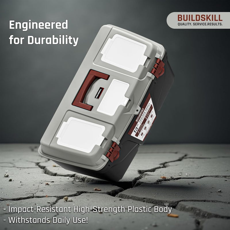 BUILDSKILL صندوق أدوات صغير 13" للمنزل | أغطية علوية مريحة وصينية أدوات قابلة للإزالة | قفل لاتش آمن | ثقب مفتاح | هيكل مقاوم للصدمات وقوي | صندوق أدوات مثالي للاستخدام الشخصي والمهني - Image 2