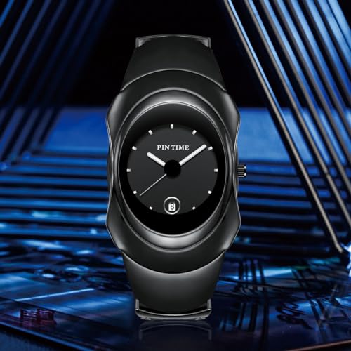 PINTIME Fashion Mens Unique Watches Slim Sleek Classic Stainless Steel Quartz Waterproof Business Wristwatches for Men Auto Date (Black) - Image 4