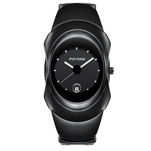 PINTIME Fashion Mens Unique Watches Slim Sleek Classic Stainless Steel Quartz Waterproof Business Wristwatches for Men Auto Date (Black) - Image 5