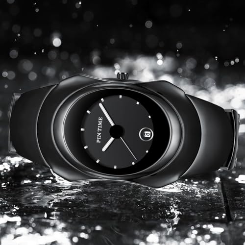 PINTIME Fashion Mens Unique Watches Slim Sleek Classic Stainless Steel Quartz Waterproof Business Wristwatches for Men Auto Date (Black) - Image 2