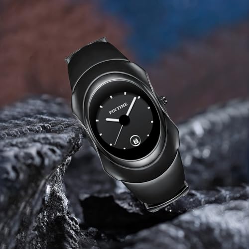 PINTIME Fashion Mens Unique Watches Slim Sleek Classic Stainless Steel Quartz Waterproof Business Wristwatches for Men Auto Date (Black) - Image 3