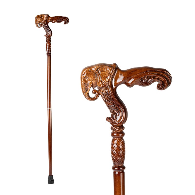 THY COLLECTIBLES Hand Carved Wooden Walking Cane with Ergonomic Handle and Rubber Tip for Men and Women Fashionable Unique Walking Stick for Seniors 37 inch Elephant - Image 3
