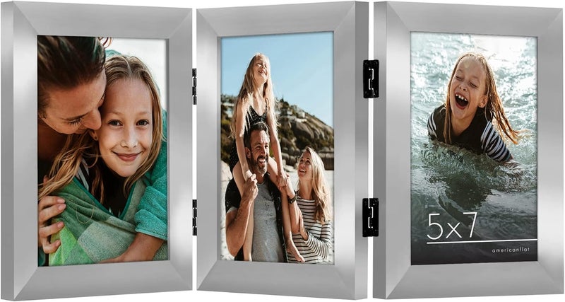Americanflat Americanflat Hinged 3 Picture Frame 5x7 with ShatterResistant Glass  Signature Collection  Foldable Picture Frame for Tabletop Display  Silver  - Image 1