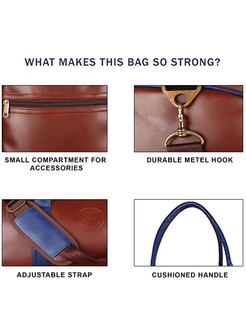 MOUNTHOOD MOUNTHOOD Duffel / Duffle Tote Bag- Premium Quality Long Lasting PU Leather. Travel Weekender/Overnight Duffel luggage Bag Gym/Sports bag for Men & Women. (Tan/blue)  - Image 3