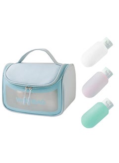 Makeup Brush Bag Travel Size Toiletries Containers, Clear Waterproof Toiletry Bags with Shampoo Bottles, Cosmetic Organizer Make Up Pouch For Traveling Bathroom Skincare Accessories, Blue