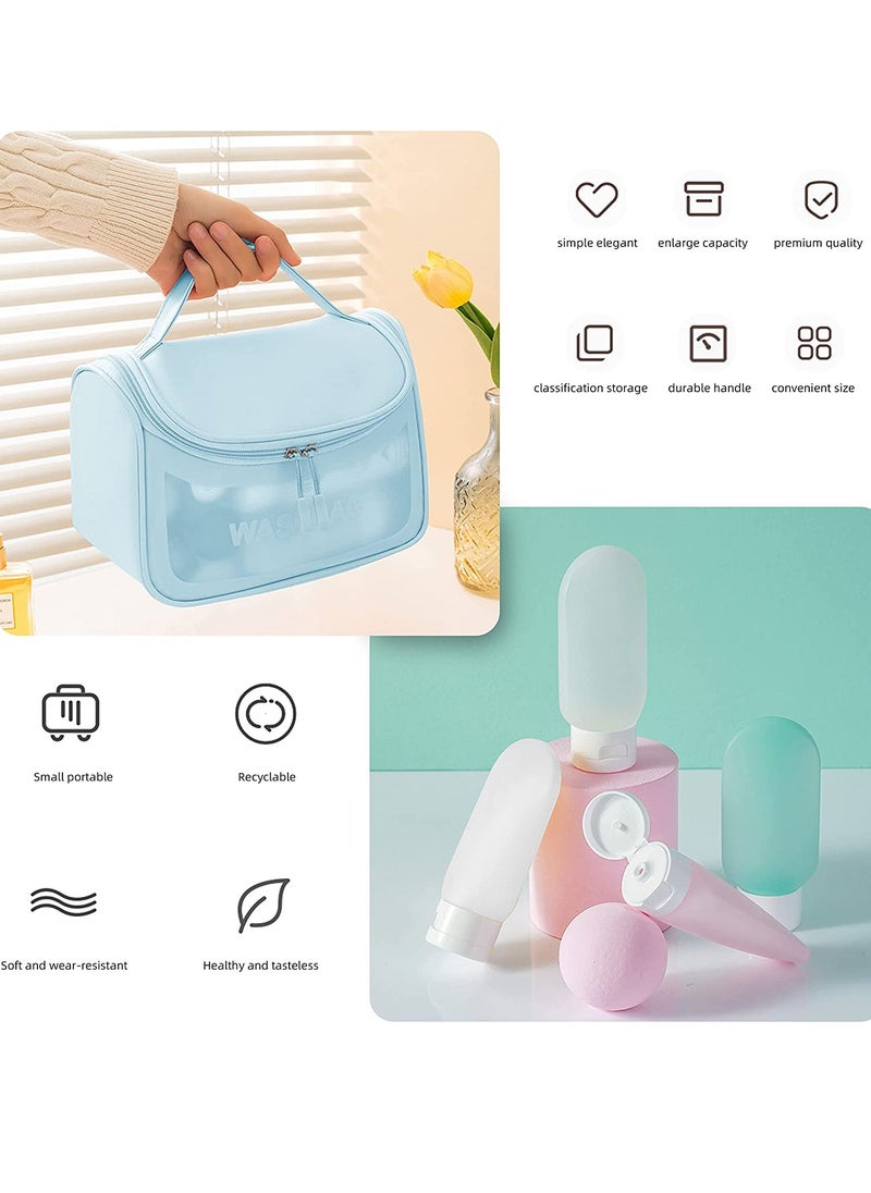 KASTWAVE - Makeup Brush Bag Travel Size Toiletries Containers, Clear Waterproof Toiletry Bags with Shampoo Bottles, Cosmetic Organizer Make Up Pouch For Traveling Bathroom Skincare Accessories, Blue - Image 1