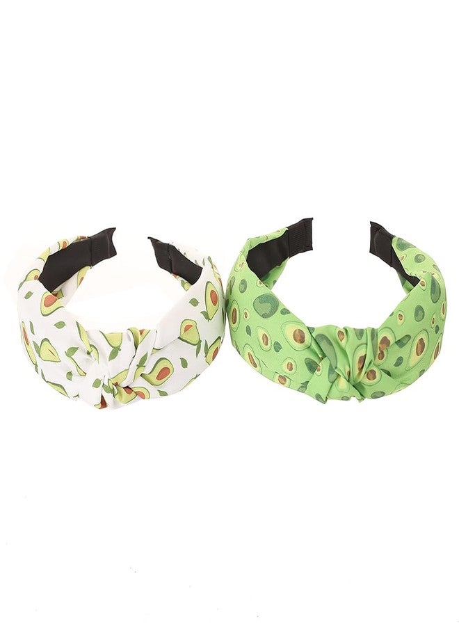 BaBakiak Trendy Avocado Print Knotted Headbands, 2 Pack Wide Non-Slip Hair Bands for Women, Green and White Fruit Design - Image 1