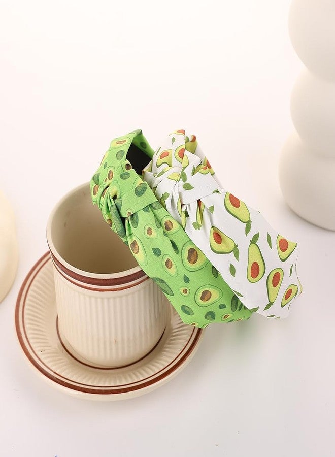 BaBakiak Trendy Avocado Print Knotted Headbands, 2 Pack Wide Non-Slip Hair Bands for Women, Green and White Fruit Design - Image 2