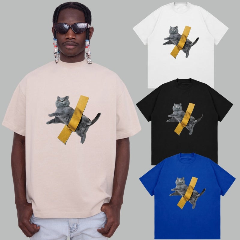 Shx American Washed Tape Cat Original Illustration Printed Short-Sleeved T-Shirt Cotton Round Neck Niche Men And Women Couple Wear - Image 2