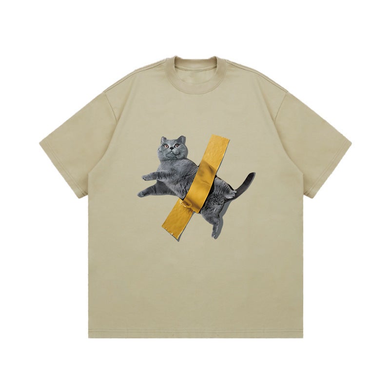 Shx American Washed Tape Cat Original Illustration Printed Short-Sleeved T-Shirt Cotton Round Neck Niche Men And Women Couple Wear - Image 1