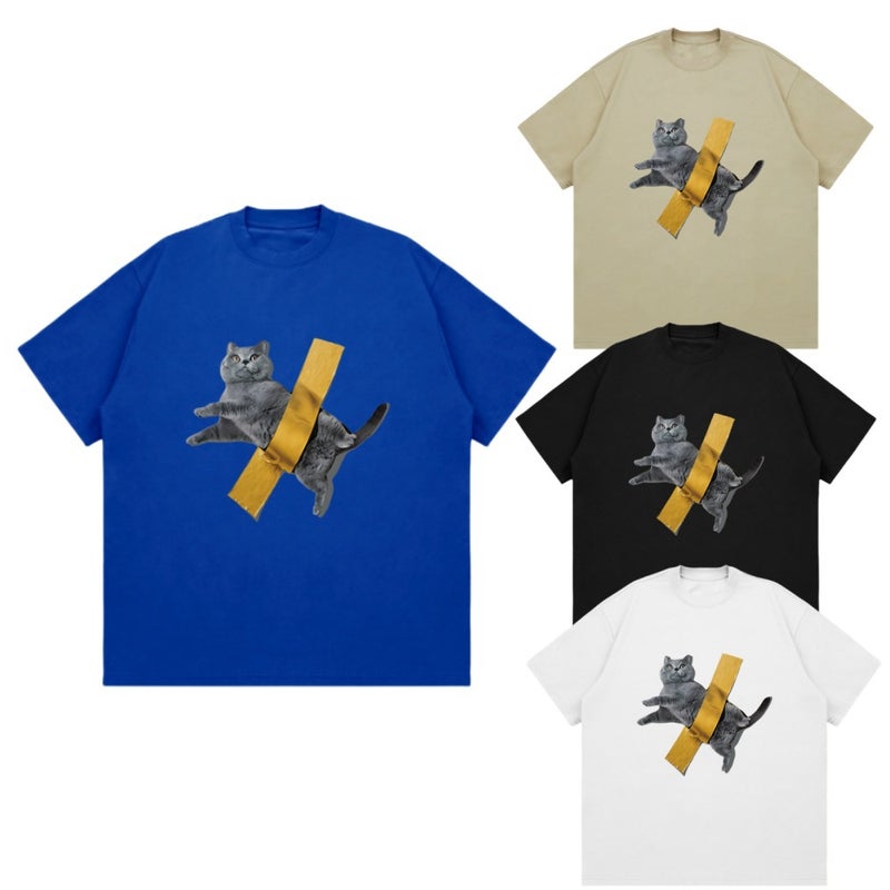 Shx American Washed Tape Cat Original Illustration Printed Short-Sleeved T-Shirt Cotton Round Neck Niche Men And Women Couple Wear - Image 4