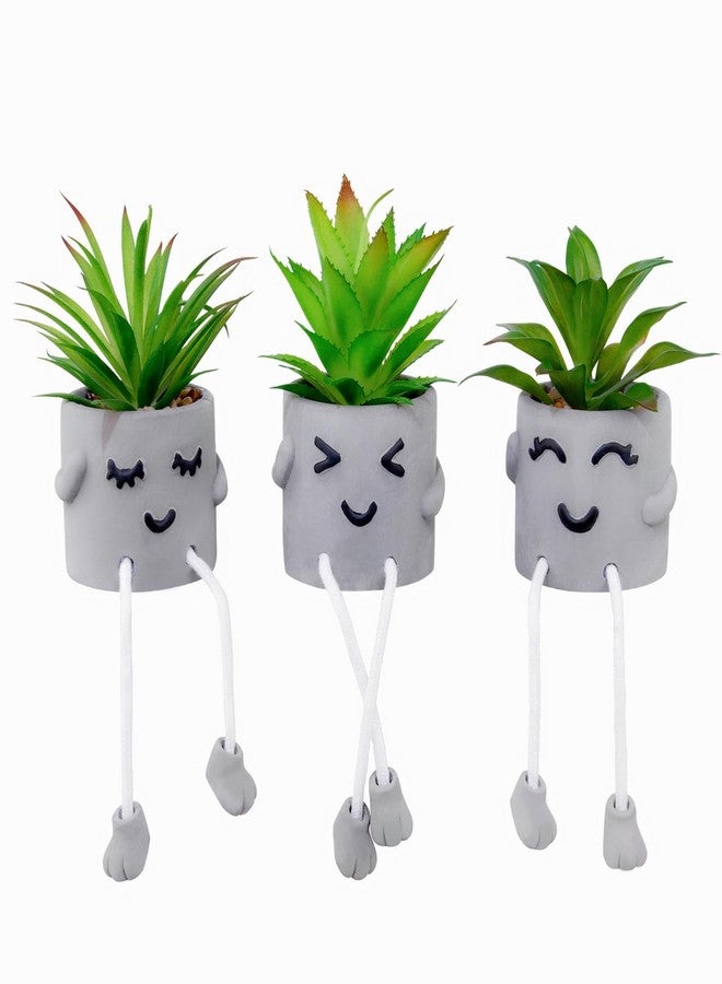 LUZOGA 3Pcs Fake Plant Faux Succulents Cute Hanging Leg Emotional Cement Potted,Creative Artificial Succulent Plants with Pots, Mini Potted Succulents for Home/Office/Shelf Decor - Image 1