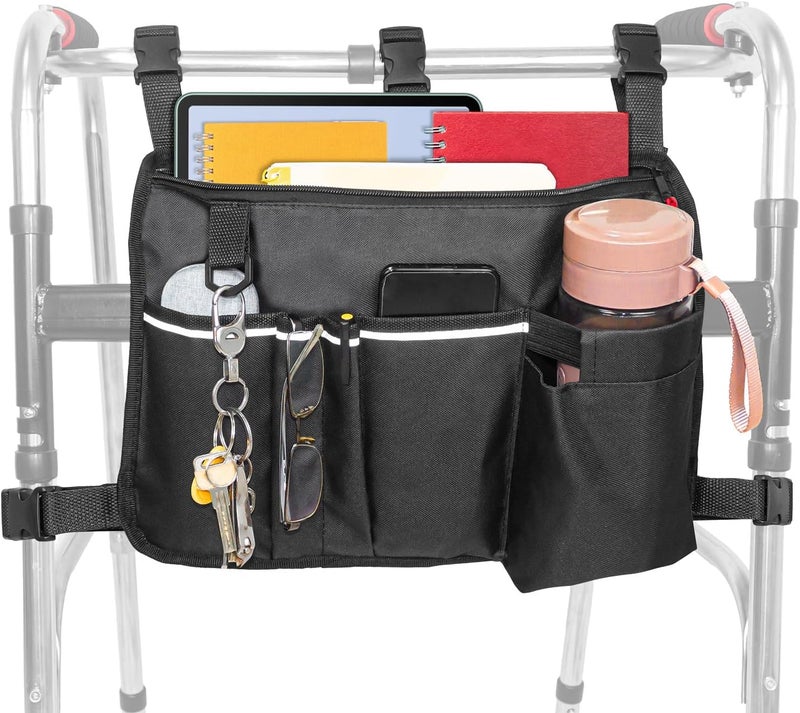 TONINT Large Walking Frame Bag with Cup Holder,Walker Tote Bag,Walker Basket,Folding Walker Attachment Hands-Free Storage Basket Mobility Aid Accessory Pouch for Elderly (Black-Large) - Image 1