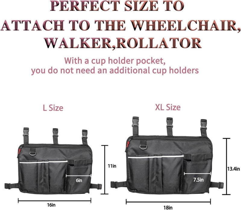 TONINT Large Walking Frame Bag with Cup Holder,Walker Tote Bag,Walker Basket,Folding Walker Attachment Hands-Free Storage Basket Mobility Aid Accessory Pouch for Elderly (Black-Large) - Image 2