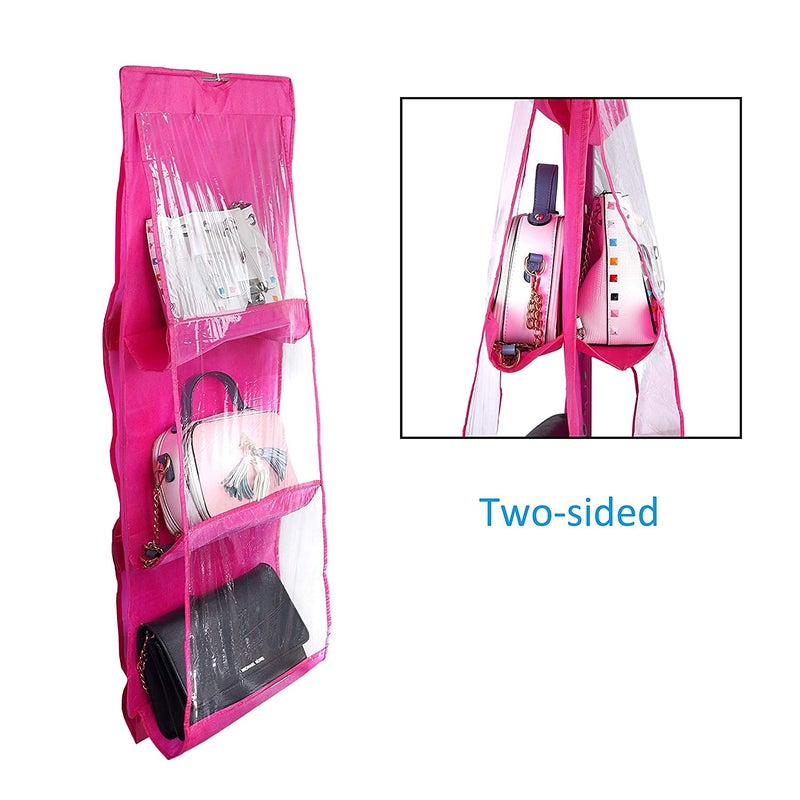 JENY Hanging Handbag Organizer DustProof Storage Holder Space Saver Wardrobe Tidy Closet Purse Rack Hanger Clutch with 6 Larger Pocket Homewares Nonwoven Foldable Universal Pink - Image 2