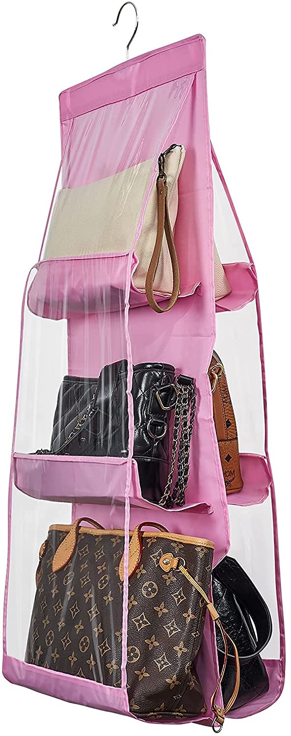 JENY Hanging Handbag Organizer DustProof Storage Holder Space Saver Wardrobe Tidy Closet Purse Rack Hanger Clutch with 6 Larger Pocket Homewares Nonwoven Foldable Universal Pink - Image 1