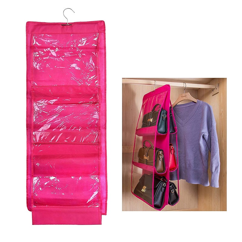 JENY Hanging Handbag Organizer DustProof Storage Holder Space Saver Wardrobe Tidy Closet Purse Rack Hanger Clutch with 6 Larger Pocket Homewares Nonwoven Foldable Universal Pink - Image 4
