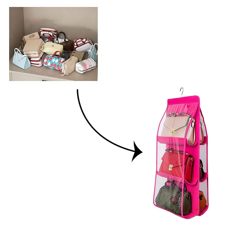 JENY Hanging Handbag Organizer DustProof Storage Holder Space Saver Wardrobe Tidy Closet Purse Rack Hanger Clutch with 6 Larger Pocket Homewares Nonwoven Foldable Universal Pink - Image 3