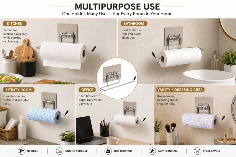 Dunekart Self-Adhesive Paper Towel Holder - Stainless Steel Kitchen Roll Dispenser - Wall Mount Tissue Rack for Bathroom No Drilling Required Silver - Image 3