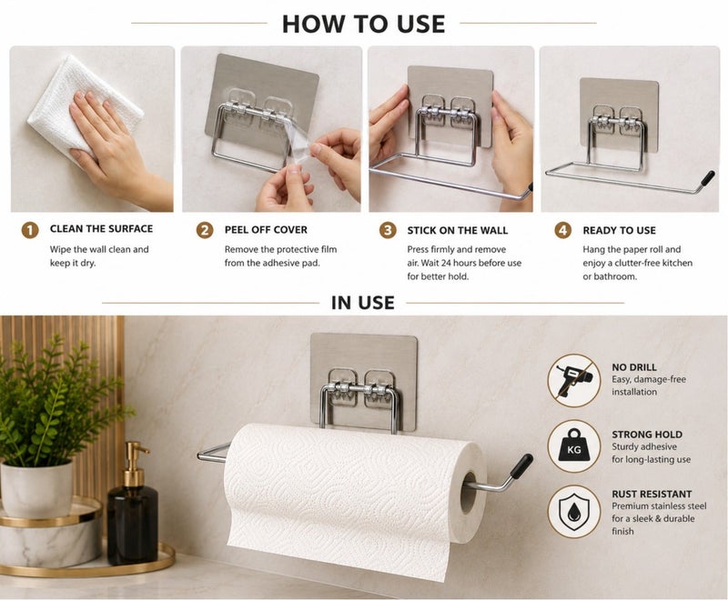 Dunekart Self-Adhesive Paper Towel Holder - Stainless Steel Kitchen Roll Dispenser - Wall Mount Tissue Rack for Bathroom No Drilling Required Silver - Image 5