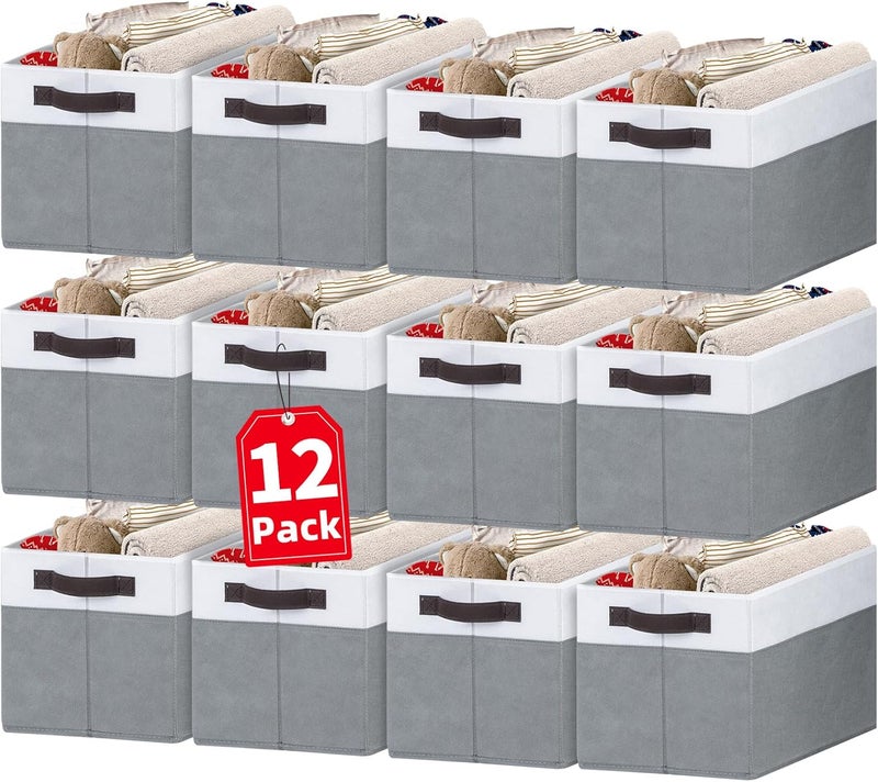 Criusia 12 Pack Large Storage Baskets for Shelves | Fabric Closet Organizers and Storage Bins with Handles for Home Organization | Decorative Collapsible Basket for Organizing Clothes Toy Nursery - Image 1