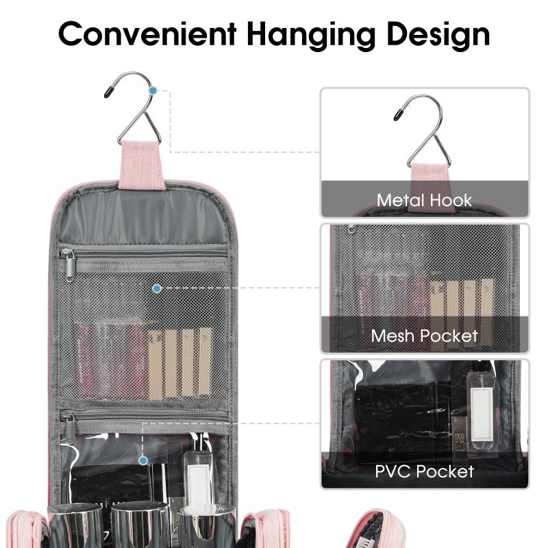 Narwey Large Hanging Toiletry Bag for Women Travel Makeup Bag Organizer Toiletries Bag Dry Wet Separation (Pink) - Image 4