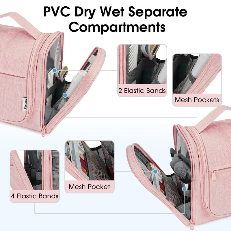 Narwey Large Hanging Toiletry Bag for Women Travel Makeup Bag Organizer Toiletries Bag Dry Wet Separation (Pink) - Image 3